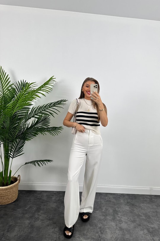 Zra Model Omuzu Düğmeli Çizgili Triko Bluz