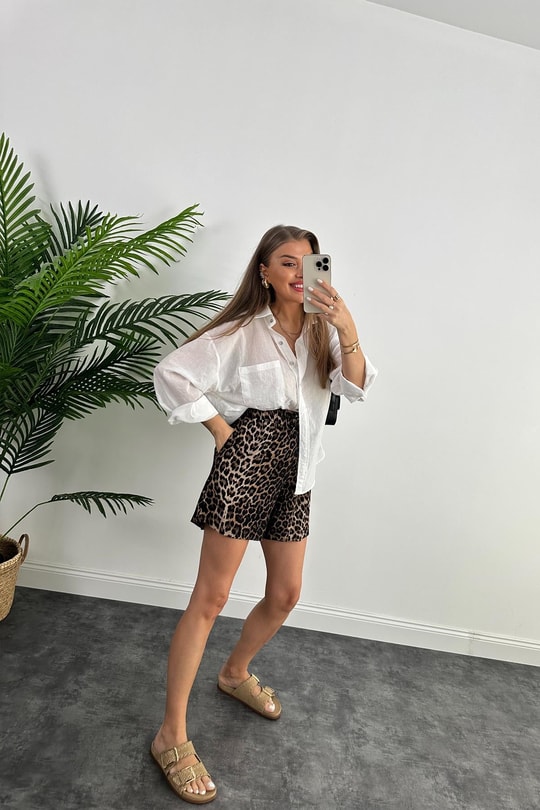Zra Model Şehir Boy Leopar Print Pamuk Viskon Beli Lastikli Şort
