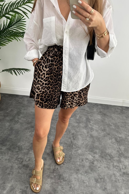 Zra Model Şehir Boy Leopar Print Pamuk Viskon Beli Lastikli Şort