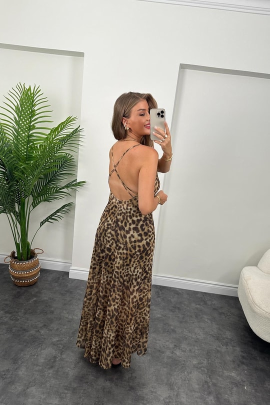 Zra Model Sırt Detaylı Likralı Leopar Tül Elbise