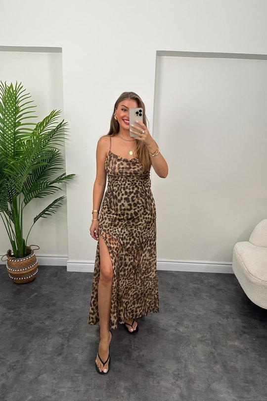 Zra Model Sırt Detaylı Likralı Leopar Tül Elbise