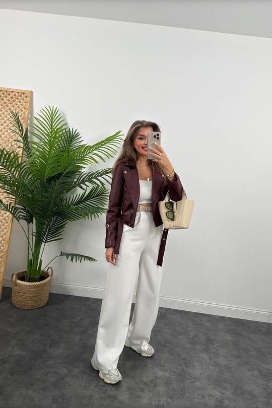 Zra Model Vegan Deri Biker Ceket Bordo