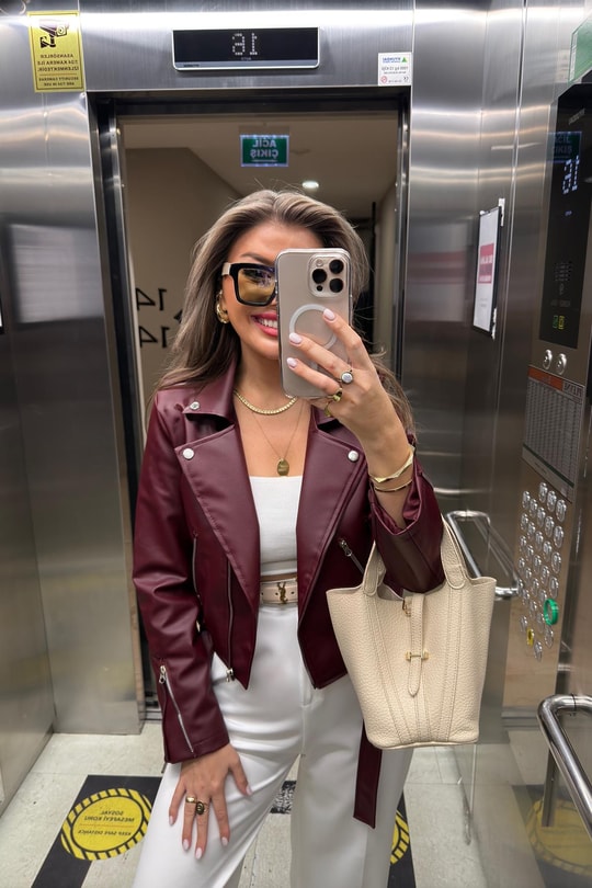 Zra Model Vegan Deri Biker Ceket Bordo