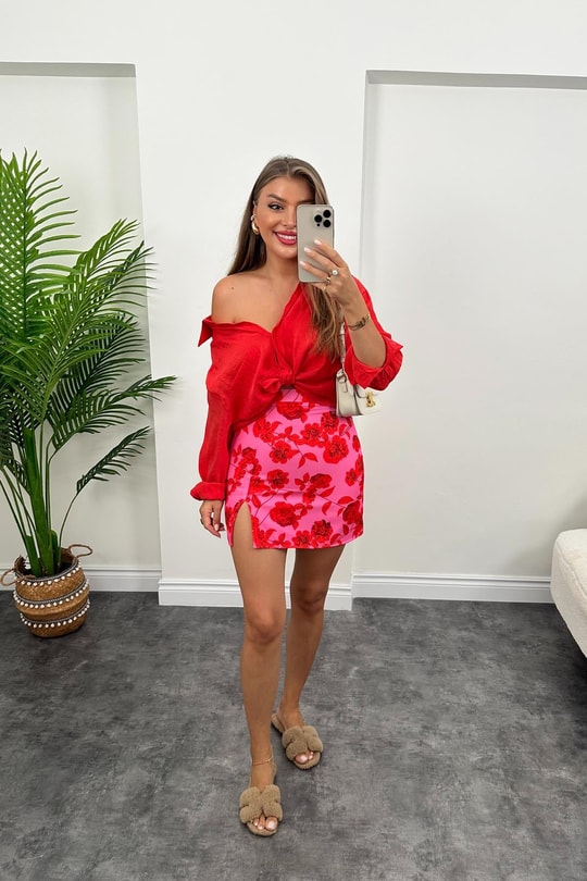 Zra Model Yırtmaçlı Mini Kalem Etek Pembe Kırmızı Desenli