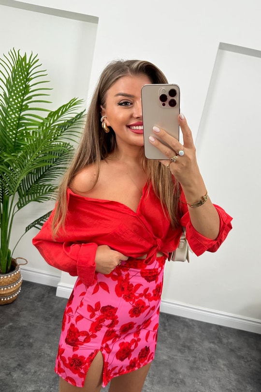 Zra Model Yırtmaçlı Mini Kalem Etek Pembe Kırmızı Desenli