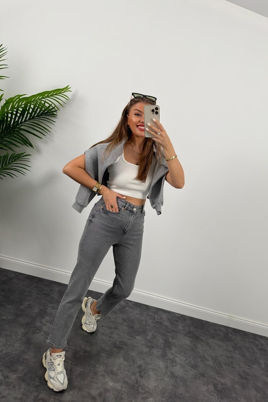 Zra Ultra Yüksel Bel Süper Kalıp Likralı  Mom Fit Jean Gri