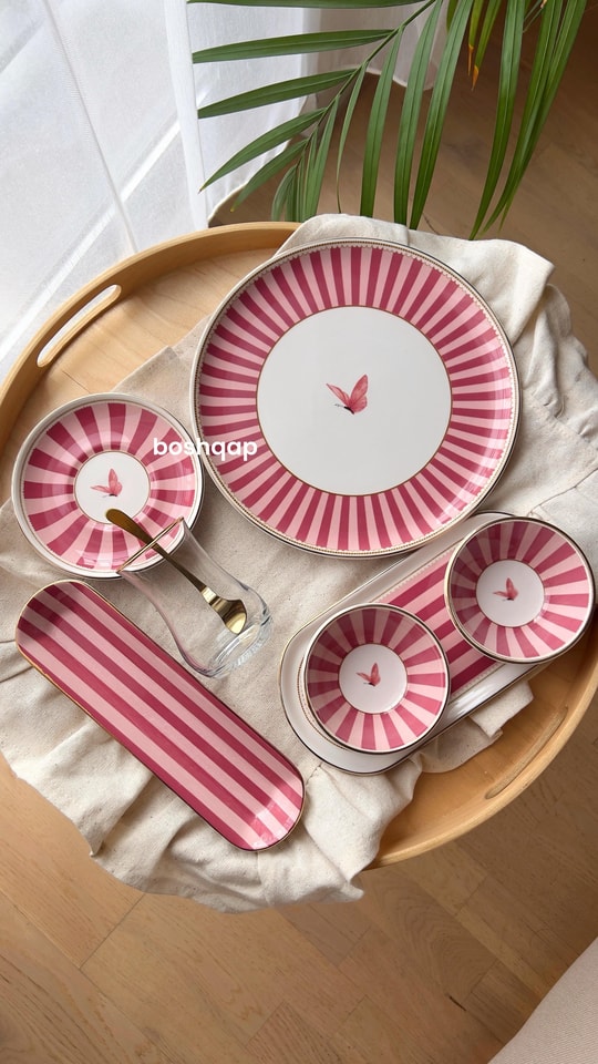 Pink Butterfly 6 Kişilik 32 Parça Porselen Kahvaltı Seti