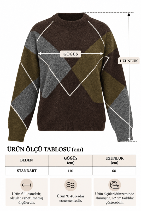 Kadın Bisiklet Yaka Baklava Desenli Oversize Yumoş Triko Kazak - Kahve
