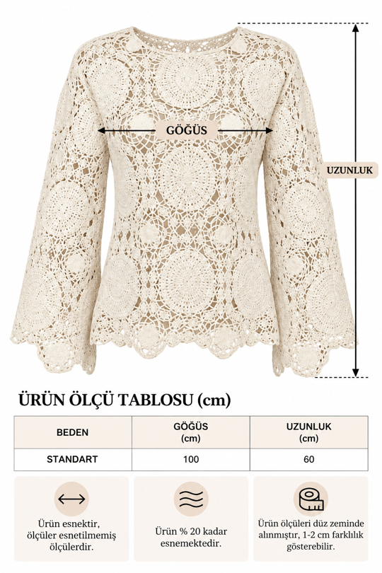 Kadın İspanyol Kol El İşi Görünümlü Dantel Örgü Tasarım Bluz - Bej