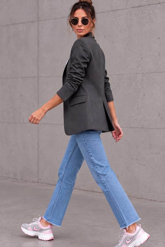 Kadın Orijinal Marka Tek Düğmeli Astarlı Antrasit Blazer Ceket