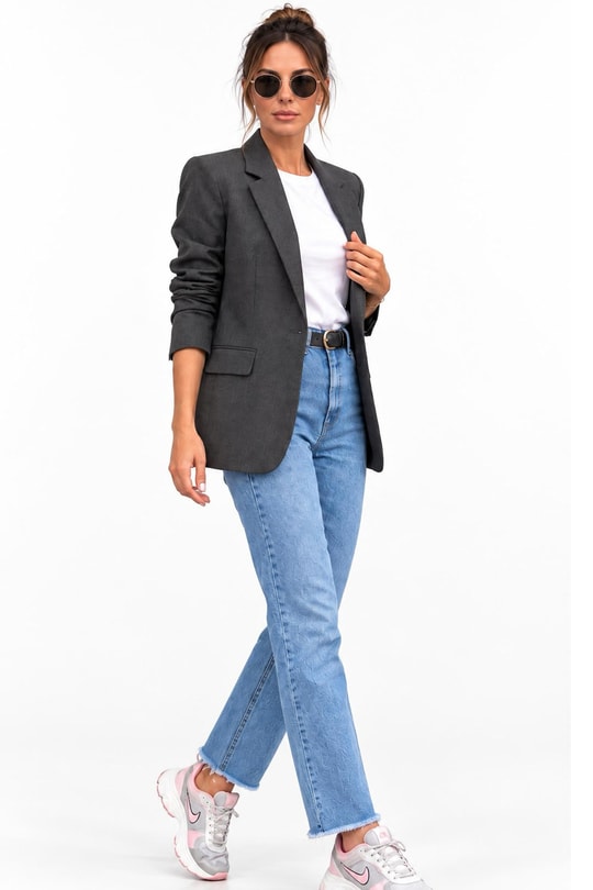 Kadın Orijinal Marka Tek Düğmeli Astarlı Antrasit Blazer Ceket
