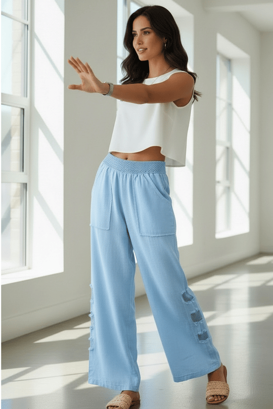 Mesh Grid Linen File Detay Bol Paça Keten Pantolon