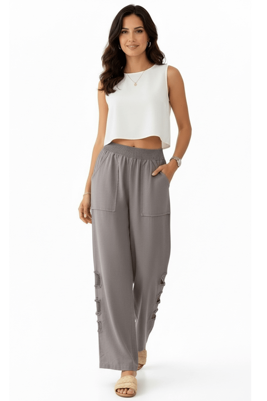 Mesh Grid Linen File Detay Bol Paça Keten Pantolon