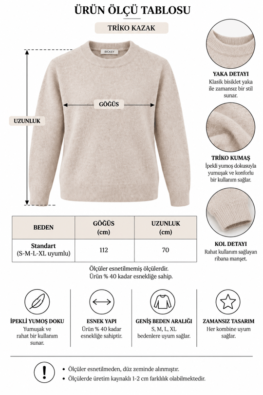 Premium Soft İpek Dokulu Bisiklet Yaka Triko Kazak - Füme