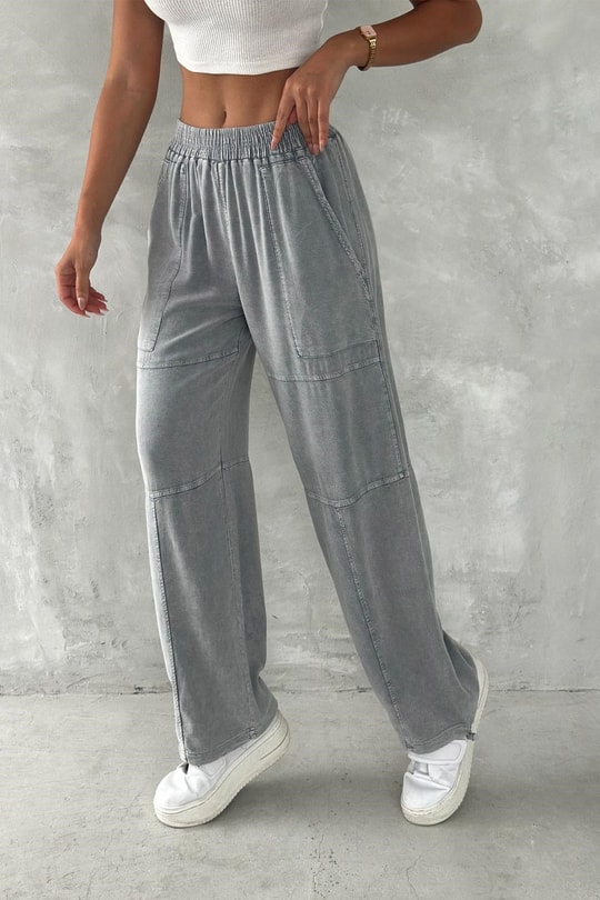 Kadın Oversize Baggy Pantolon – Vintage Yıkamalı Beli Lastikli Salaş Fit