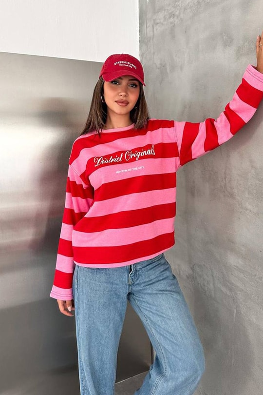 Kadın Kontrast Çizgili Yazı Detaylı Bisiklet Yaka İki İplik Sweatshirt - KırmızıÇizgili Yazı Detaylı İki İplik Sweatshirt | İstangül ButikSweatshirtİSTANGÜL BUTİK