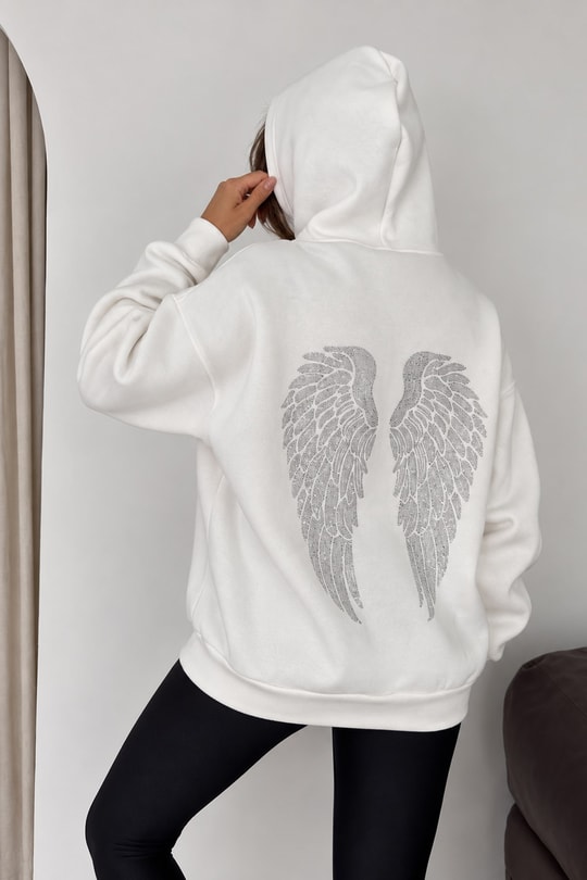 Kadın Melek Kanadı Taş Tasarımlı Kapüşonlu Kanguru Cepli Üç İplik Şardonlu Sweatshirt - BeyazMelek Kanadı Taşlı Kapüşonlu Şardonlu Sweatshirt | İstangül ButikSweatshirtİSTANGÜL BUTİK