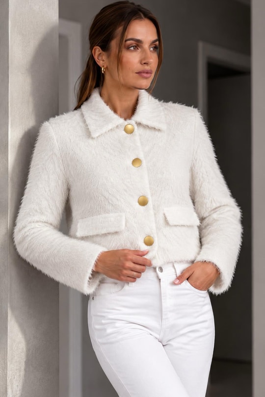 Premium Yumuşak Apreli Polo Yaka Gold Çıtçıtlı Triko Hırka - BeyazPolo Yaka Gold Çıtçıtlı Yumuşak Triko Hırka | İstangül ButikHırkaİSTANGÜL BUTİK