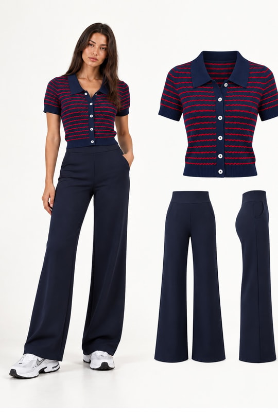 Polo Yaka Çizgili Hırka ve Korsajlı Bol Paça Pantolon KombiniPolo Yaka Hırka ve Korsajlı Pantolon Kombini | İstangül ButikHAZIR KOMBİNLERİSTANGÜL BUTİK