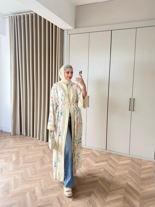 HR-1537H&R ButikHew- Qübra Desenli Abaya Ekru