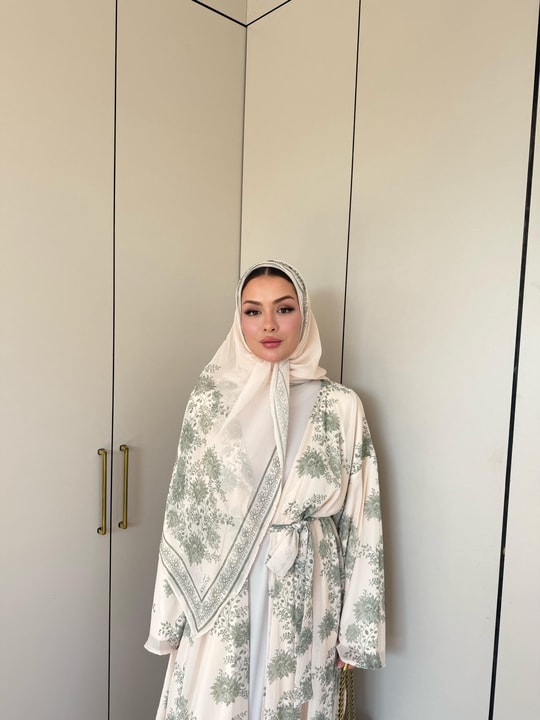 HR-1480H&R ButikKyl- Eba Şallı Şifon Abaya Ekru Yeşil