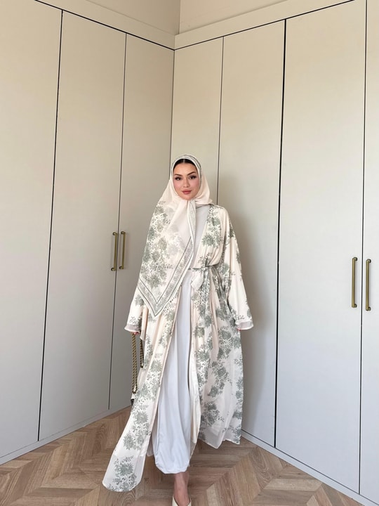 HR-1480H&R ButikKyl- Eba Şallı Şifon Abaya Ekru Yeşil