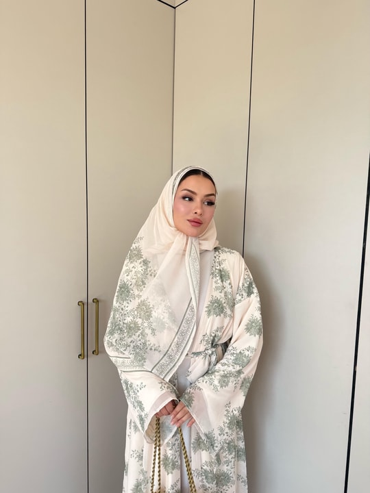 HR-1480H&R ButikKyl- Eba Şallı Şifon Abaya Ekru Yeşil