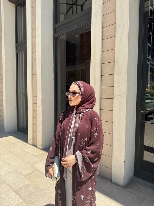 HR-1210H&R ButikKyl- Fitsa Desenli Şallı Abaya Kahve