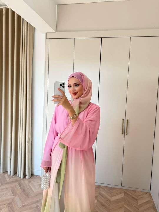 HR-1538H&R ButikKyl- Gökkuşağı Şallı Abaya Pembe Yeşil