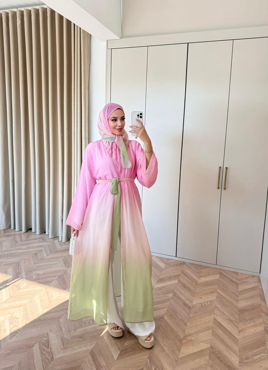 HR-1538H&R ButikKyl- Gökkuşağı Şallı Abaya Pembe Yeşil