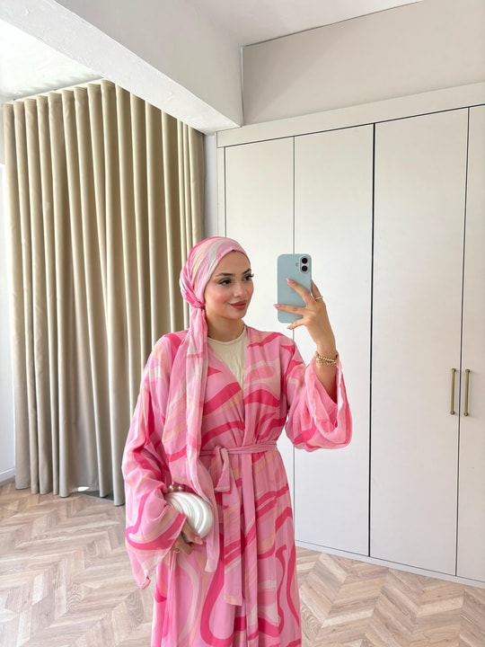 HR-1480H&R ButikMT- Lova Desenli Şallı Abaya Pembe Çizgi Desen