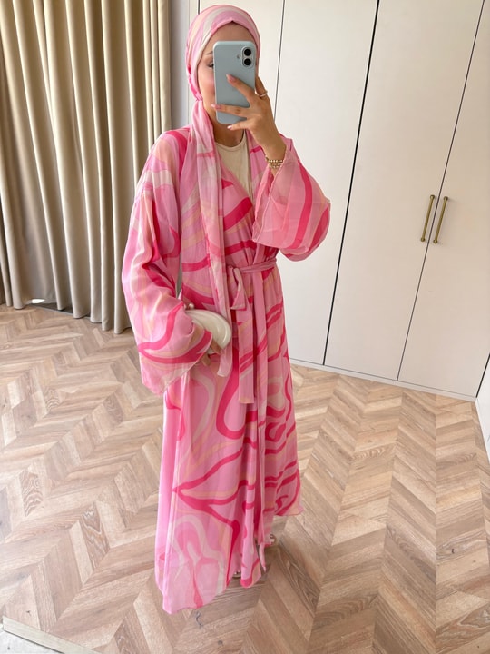 HR-1480H&R ButikMT- Lova Desenli Şallı Abaya Pembe Çizgi Desen