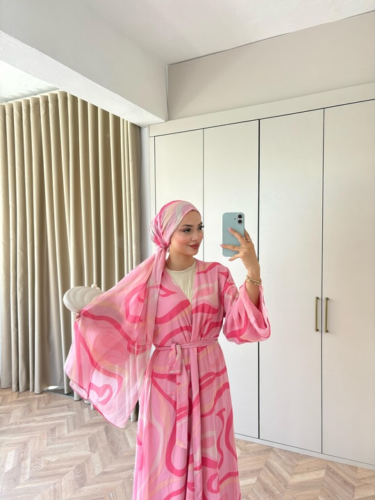 HR-1480H&R ButikMT- Lova Desenli Şallı Abaya Pembe Çizgi Desen