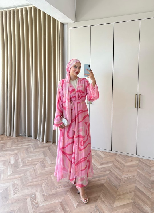 HR-1480H&R ButikMT- Lova Desenli Şallı Abaya Pembe Çizgi Desen