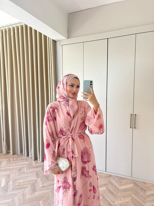 HR-1480H&R ButikMT- Lova Desenli Şallı Abaya Pembe Çiçek Desen