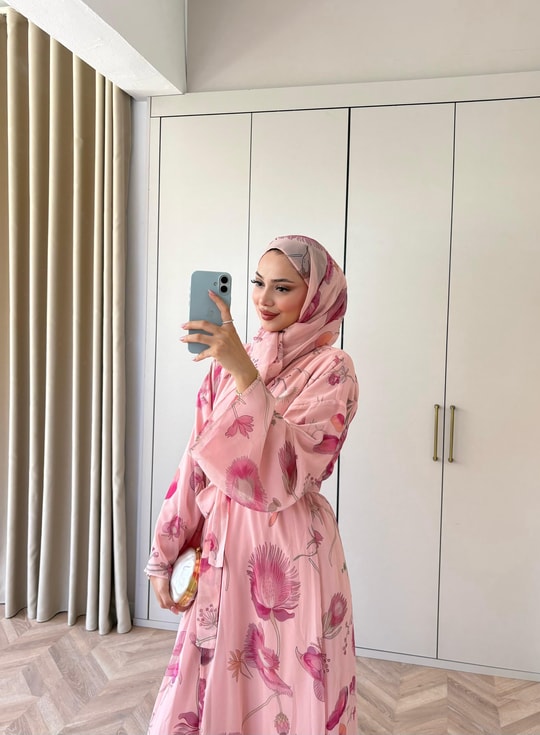 HR-1480H&R ButikMT- Lova Desenli Şallı Abaya Pembe Çiçek Desen