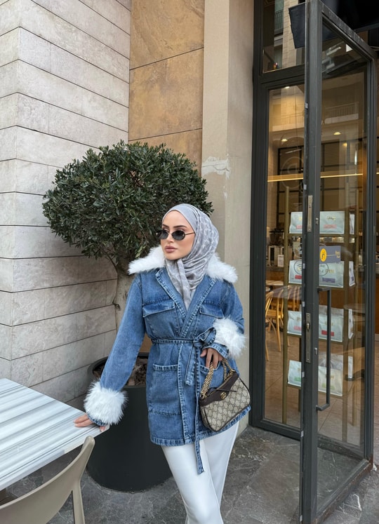 KCKT-001H&R ButikEta Peluş Detaylı Kot Ceket Buz Mavi