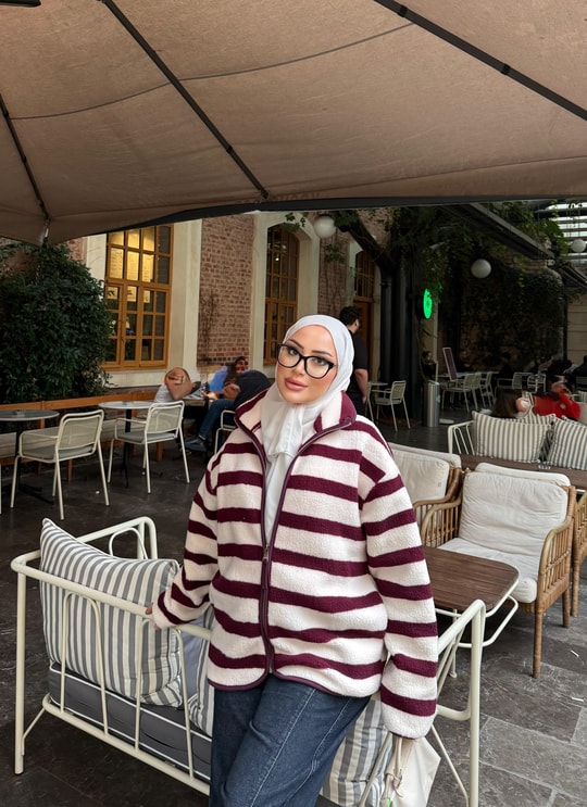 HR-3593H&R ButikMZ- Dema Çizgili Desen Bordo Ceket