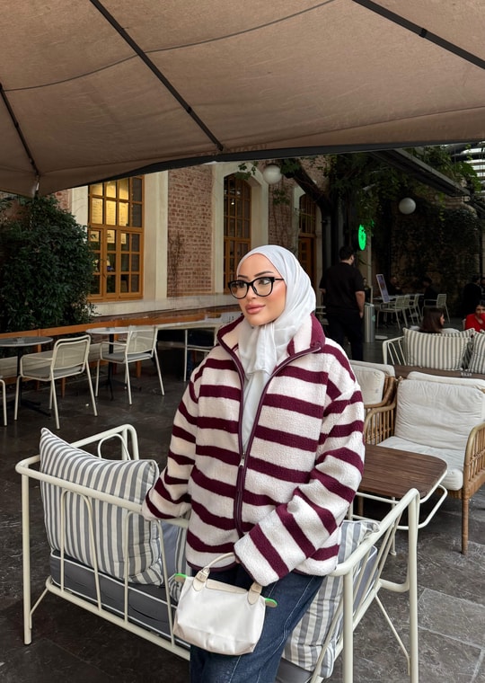 HR-3593H&R ButikMZ- Dema Çizgili Desen Bordo Ceket