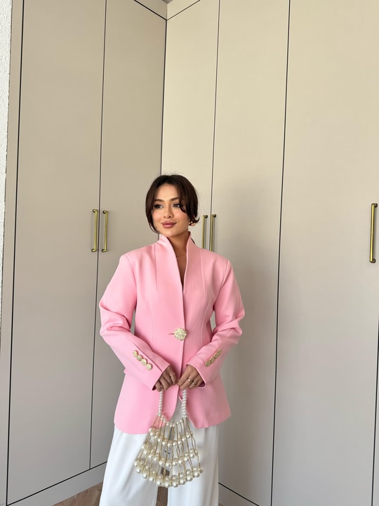 Ceket-127H&R ButikReha Gold Düğmeli Ceket Pembe