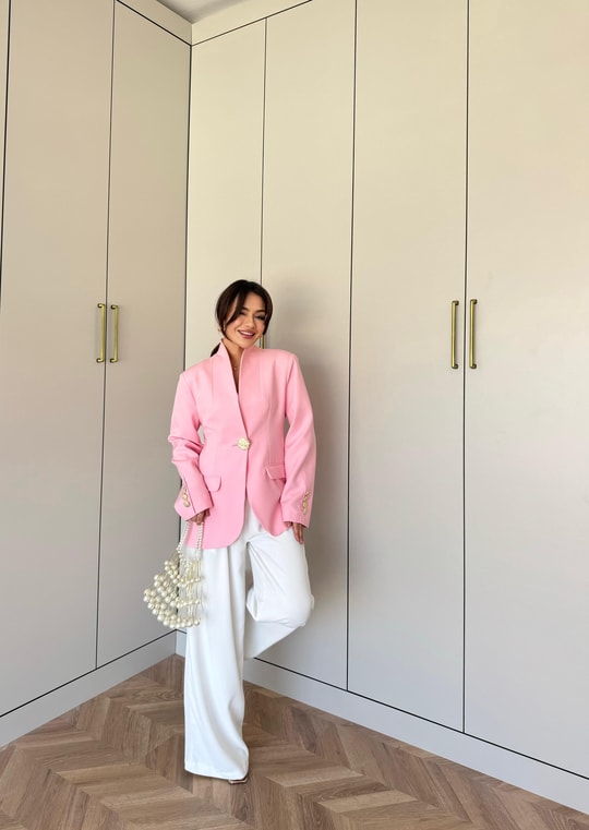 Ceket-127H&R ButikReha Gold Düğmeli Ceket Pembe