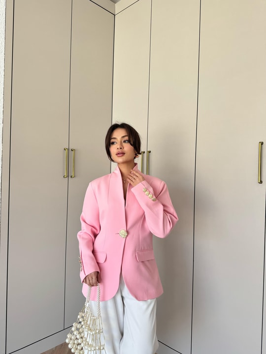 Ceket-127H&R ButikReha Gold Düğmeli Ceket Pembe