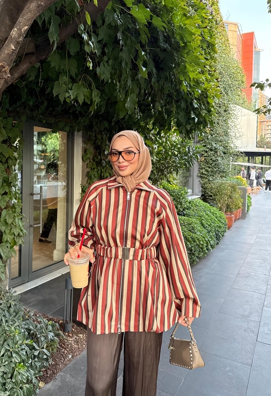 HR-3303H&R ButikTb- Çizgi Desen Ceket Bej Tarçın