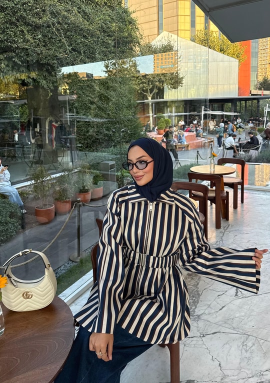 HR-3303H&R ButikTb- Çizgi Desen Ceket Bej Lacivert