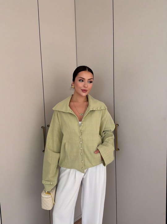 HR-2714H&R ButikTB - Tila Ön Kalın Düğmeli Ceket Çağla Yeşili