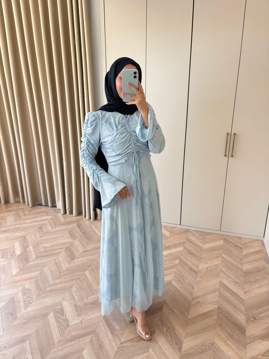 HR-1486H&R ButikAh - Ala Ön Büzgülü Elbise Bebe Mavi