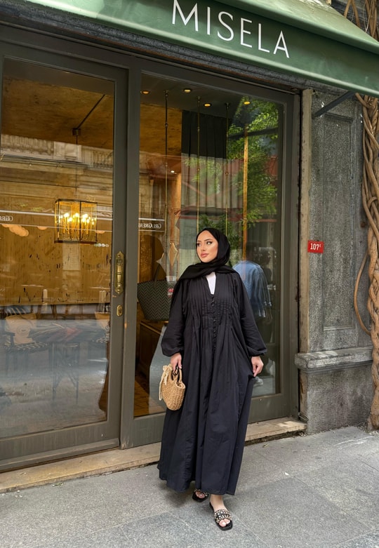 elbs-1636H&R ButikBerçe Keten Ön Düğmeli elbise Siyah