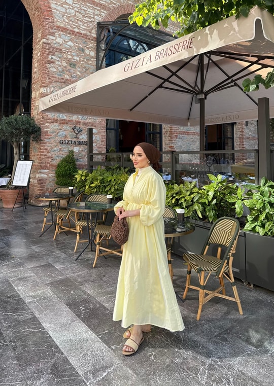 elbs-1636H&R ButikBerçe Keten Ön Düğmeli Elbise Sarı