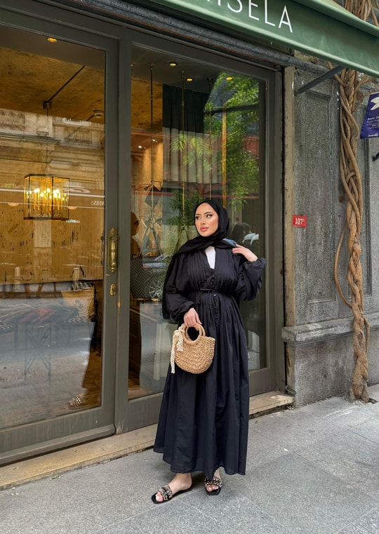 elbs-1636H&R ButikBerçe Keten Ön Düğmeli elbise Siyah