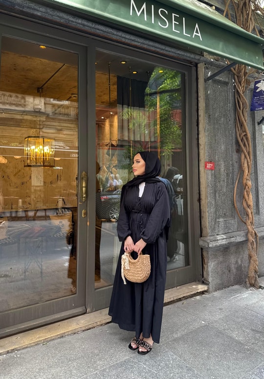 elbs-1636H&R ButikBerçe Keten Ön Düğmeli elbise Siyah